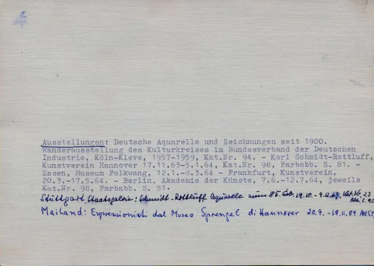 Inventarkarte, R&uuml;ckseite, Karl Schmidt-Rottluff, Marschlandschaft mit rotem Windrad (Erstellung Mitte der 1960er Jahre), Nachlass Bernhard Sprengel